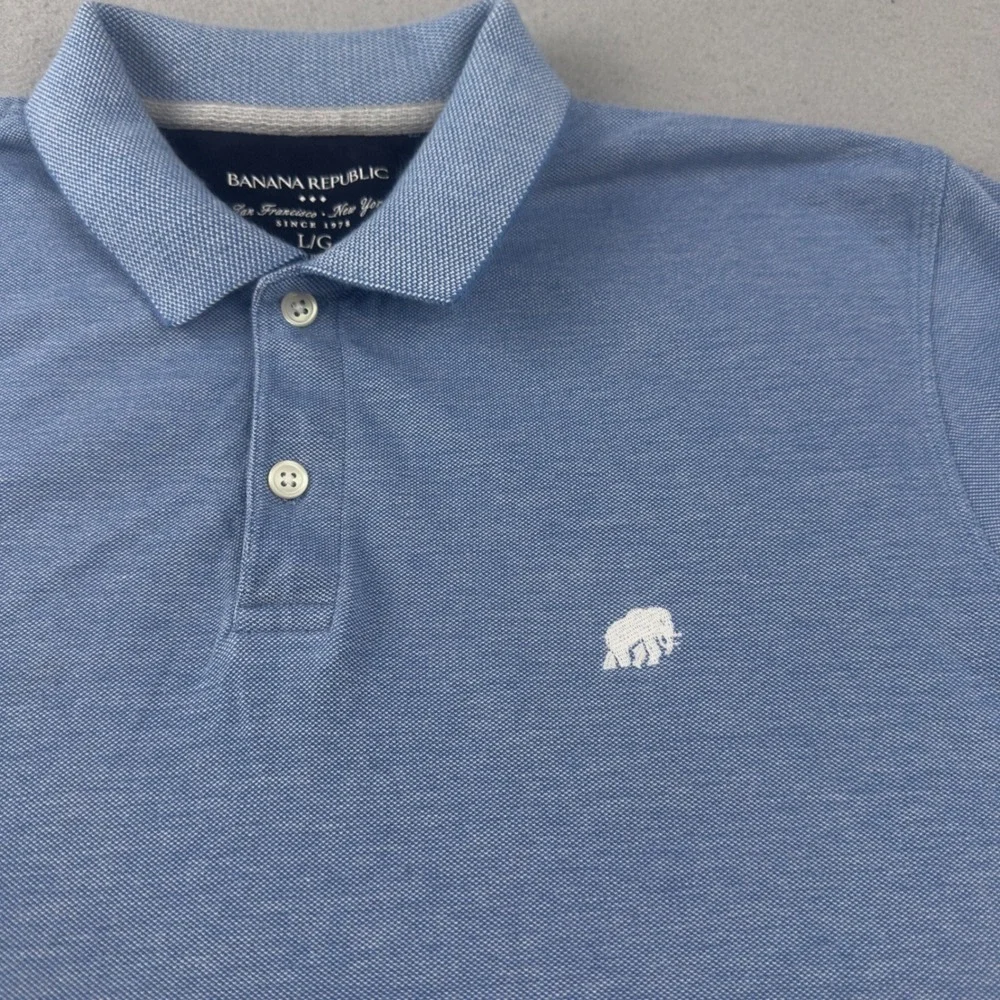 Banana Republic Mens Polo Shirt Large Antique Blue Birdseye Pique Bear Logo